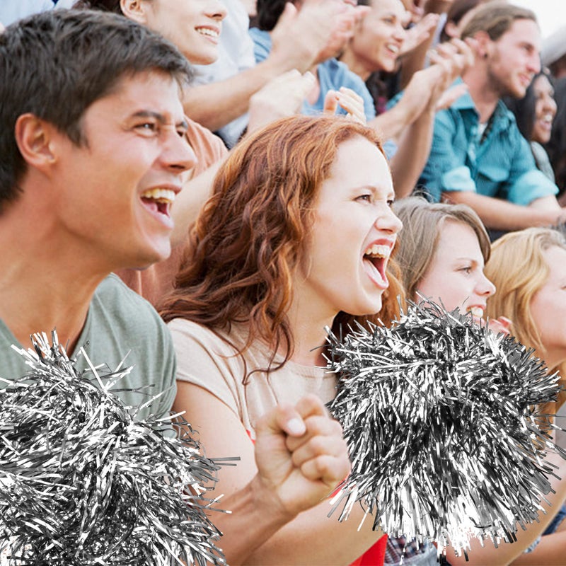 PPXMEEUDC 16PCS Cheerleading Pom Poms Metallic Foil Plastic Pom Poms with Baton Handle for Game Sports Squads Dancing Party Football Basketball Club Spirit Sports Stage Performance Celebration (Silver) - Image 5